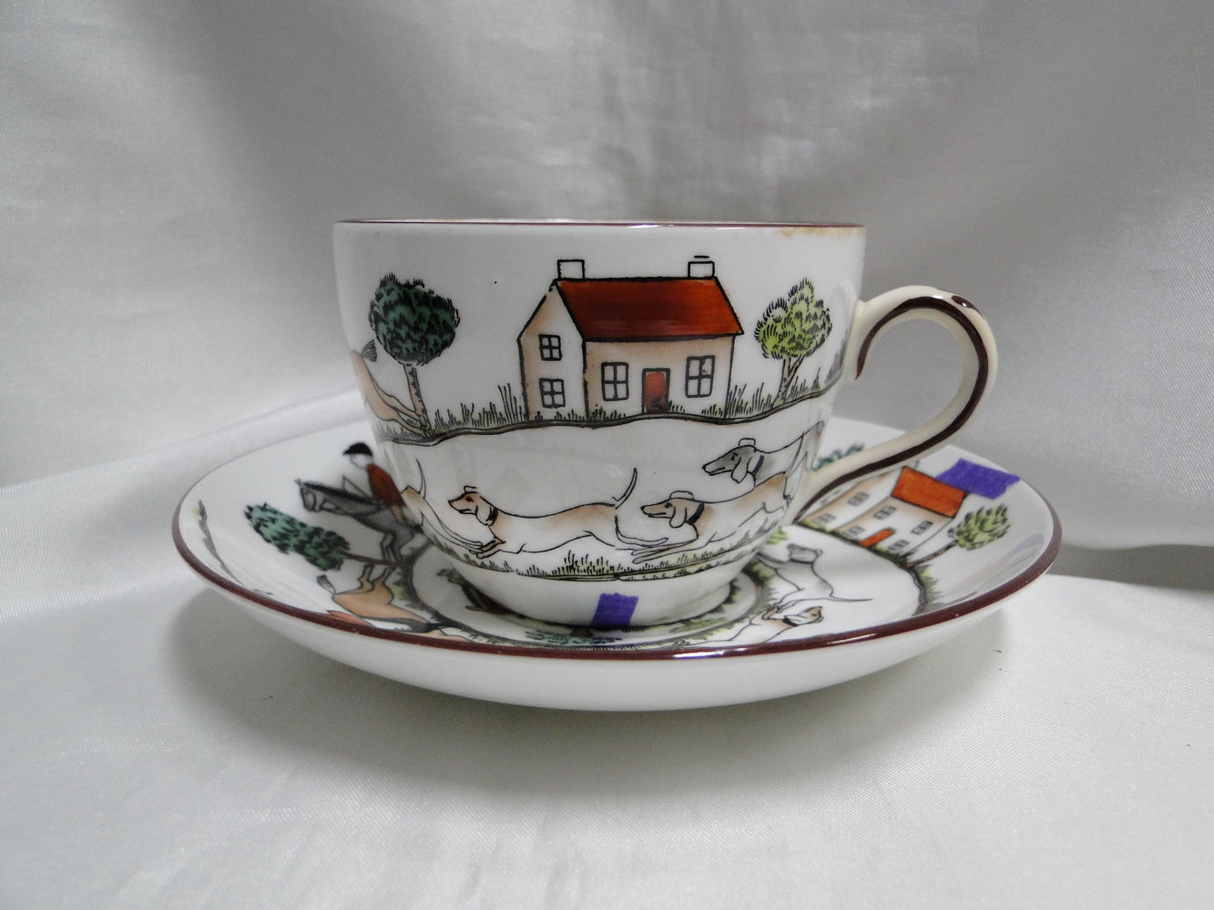Crown Staffordshire Hunting Scene: Hunters, Horses: Flat Cup & Saucer, As Is