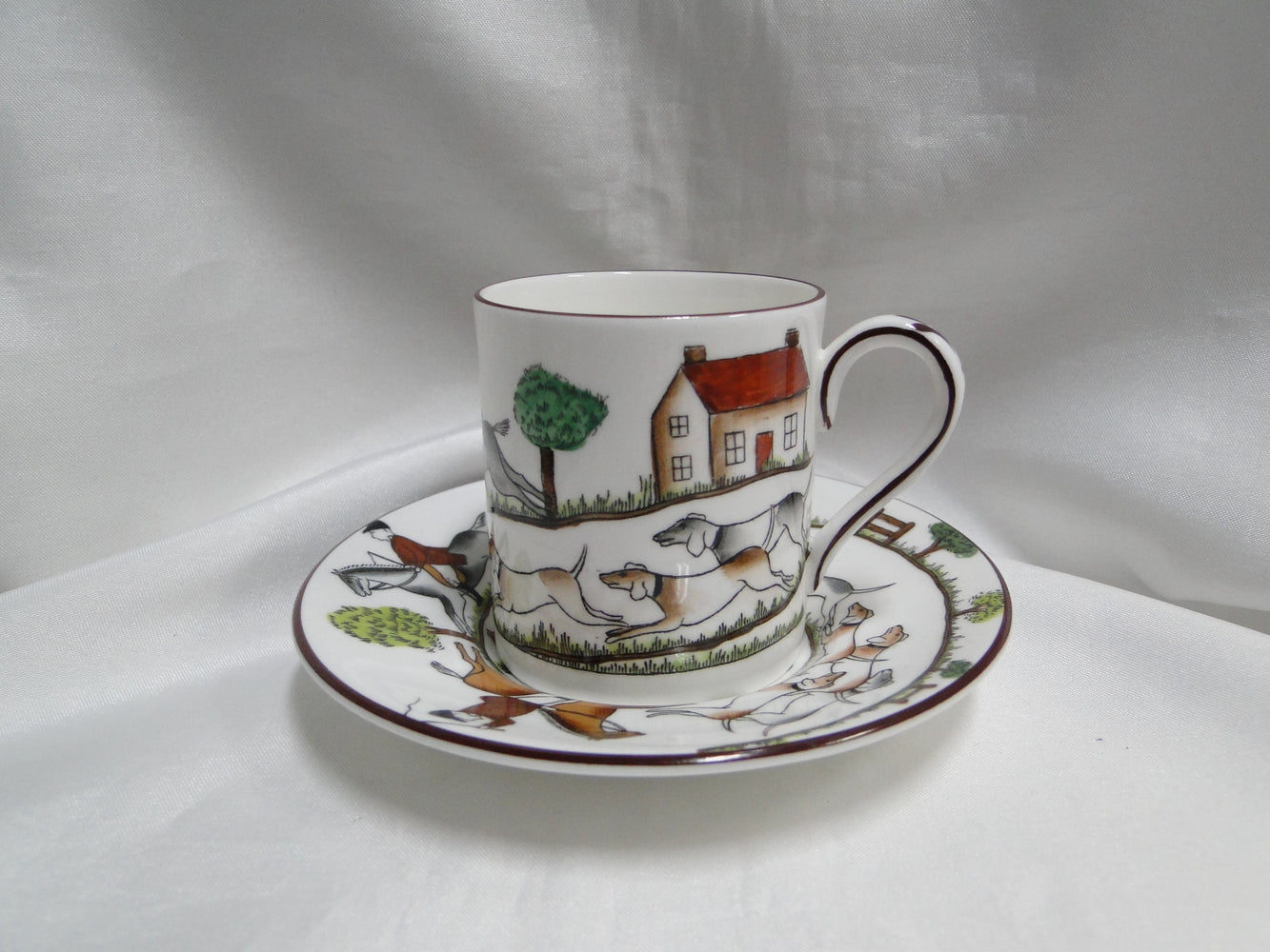 Crown Staffordshire Hunting Scene: Hunters, Horses: Demi Flat Cup & Rim Saucer
