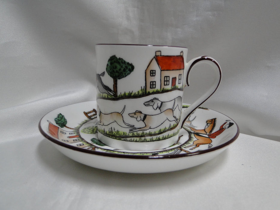 Crown Staffordshire Hunting Scene: Hunters, Horses: Demi Flat Cup, Canton Saucer