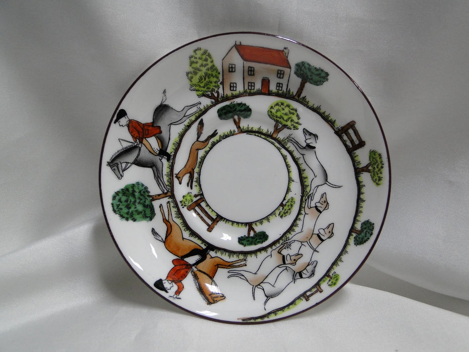 Crown Staffordshire Hunting Scene: Hunters, Horses: Demi Flat Cup, Canton Saucer