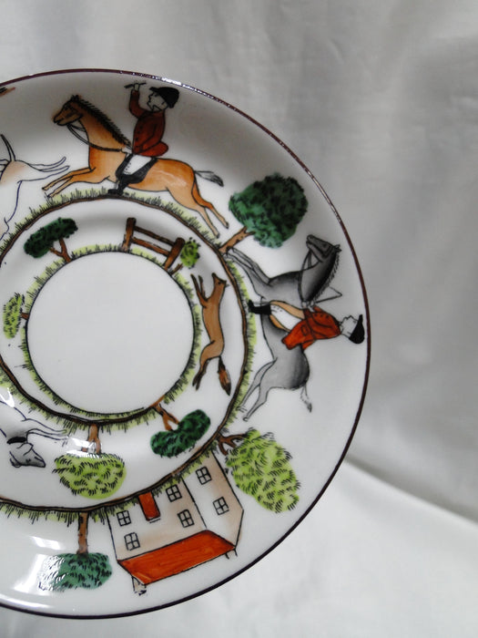 Crown Staffordshire Hunting Scene: Hunters, Horses: Demi Flat Cup, Canton Saucer