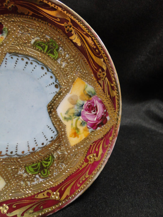 Asian Raised Gold, Burgundy Edge, Roses: Cup & Saucer Set, 2 1/2" Tall