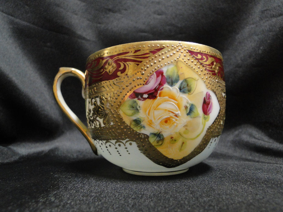 Asian Raised Gold, Burgundy Edge, Roses: Cup & Saucer Set, 2 1/2" Tall