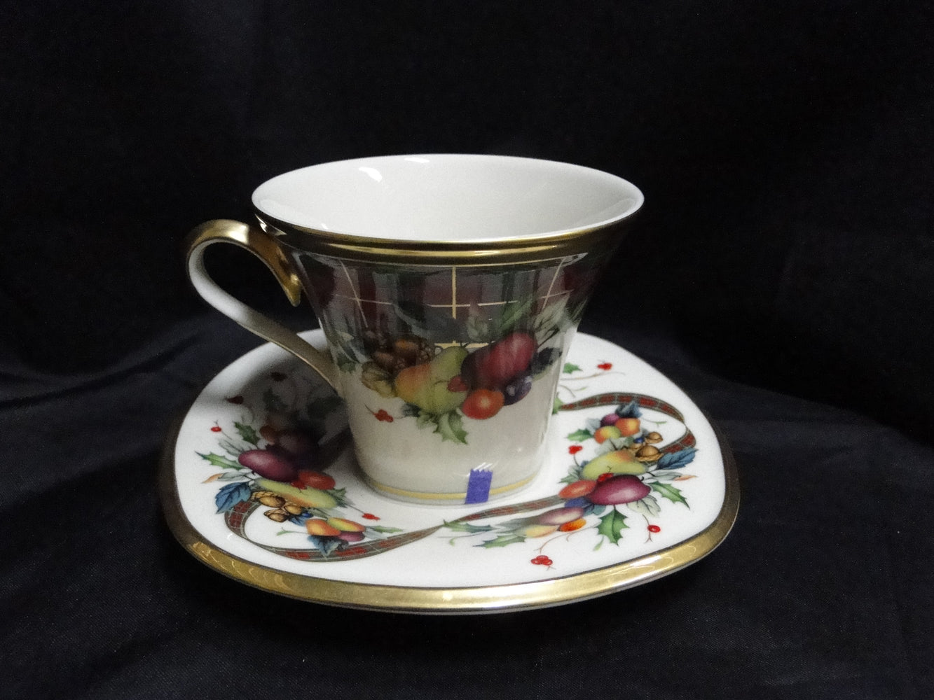 Lenox Holiday Tartan, Fruit, Plaid Ribbon: Square Cup & Saucer Set 3 1/8", As Is