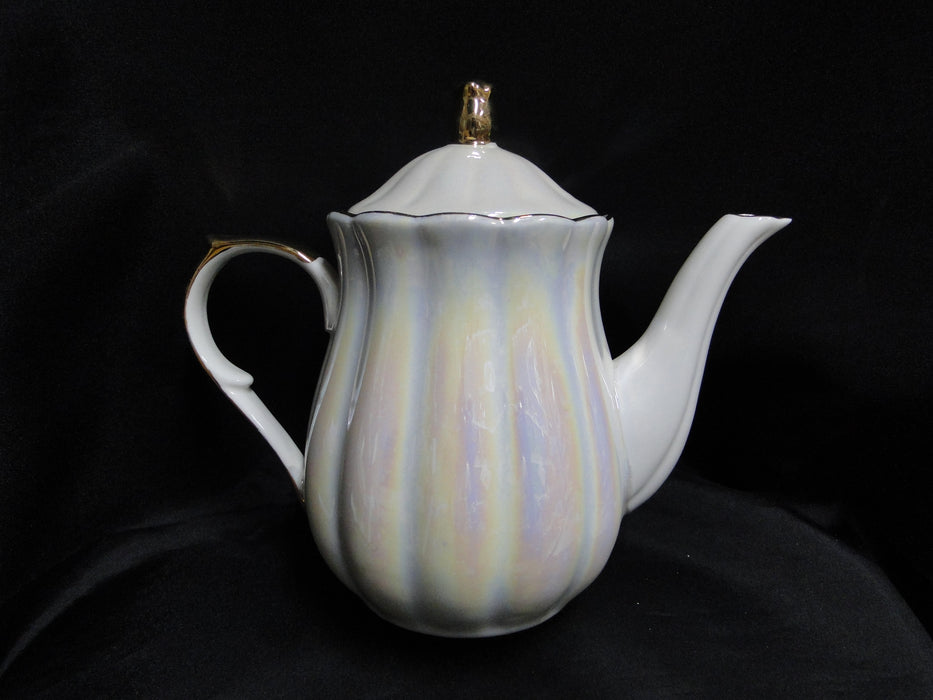 Grace's Teaware Iridescent White w/ Gold Trim, Fluted: Teapot & Lid, 8"