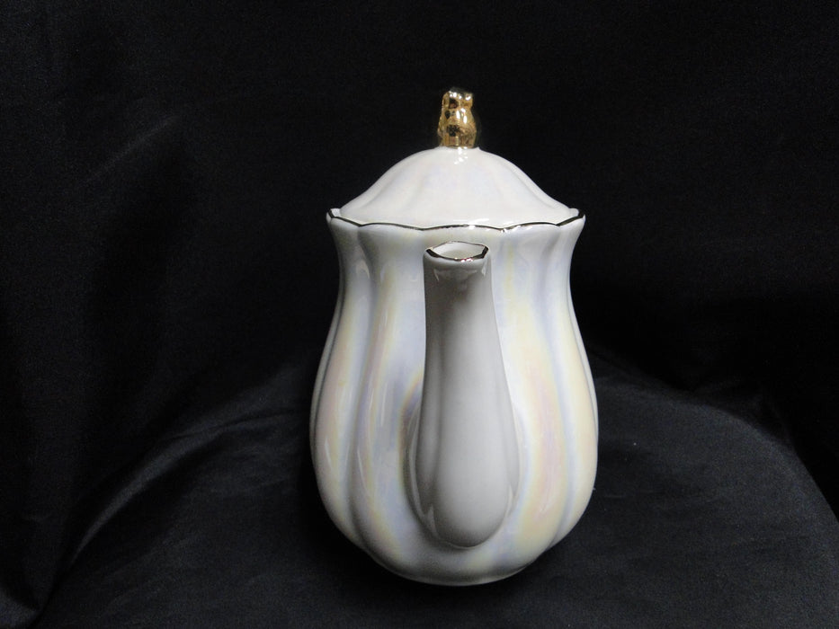Grace's Teaware Iridescent White w/ Gold Trim, Fluted: Teapot & Lid, 8"