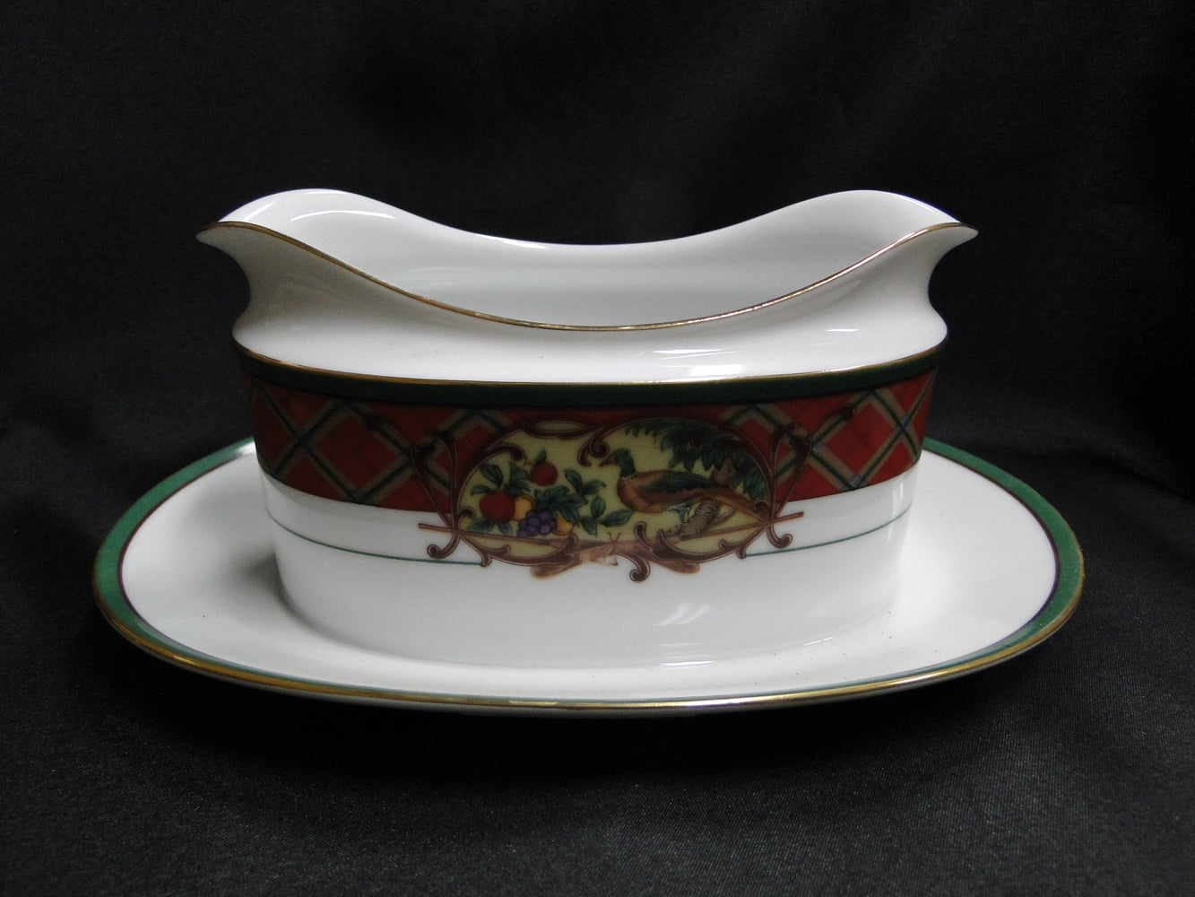 Noritake Royal Hunt, 3930, Plaid, Fruit, Animals: Gravy Boat w/ Att Underplate