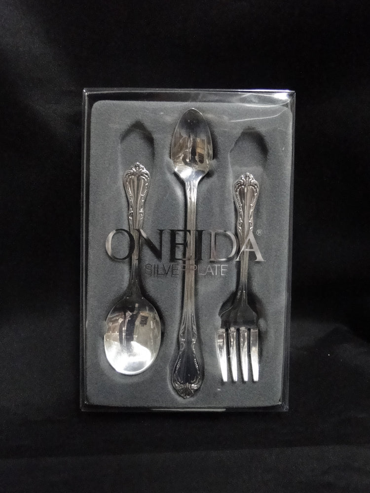 Oneida Chalice-Harmony Silverplate Flatware: 3-Piece Baby Spoons & Fork Set, Box