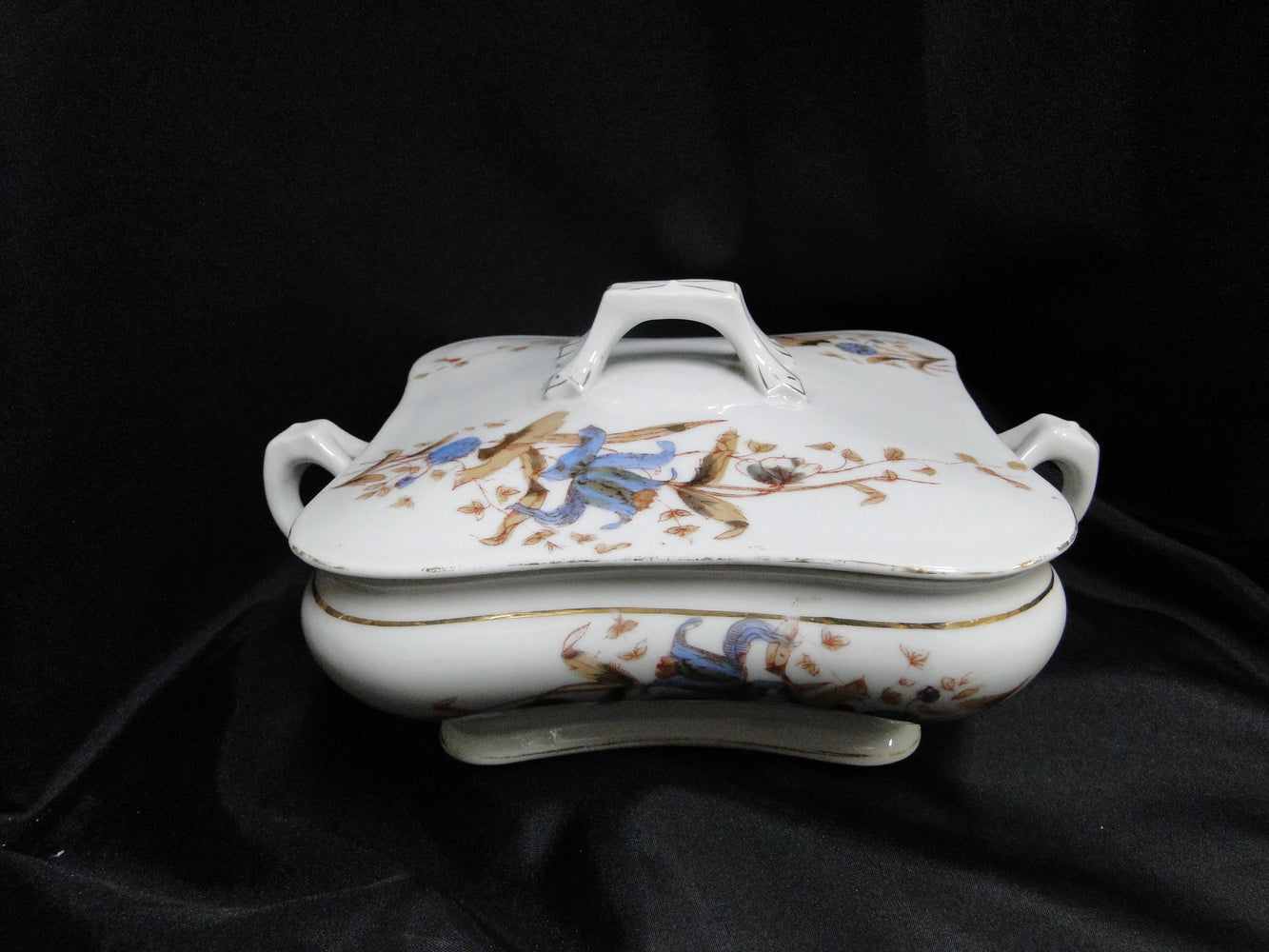 Marx & Gutherz 1537, Blue Flowers, Brown Leaves: Serving Bowl & Lid, As Is