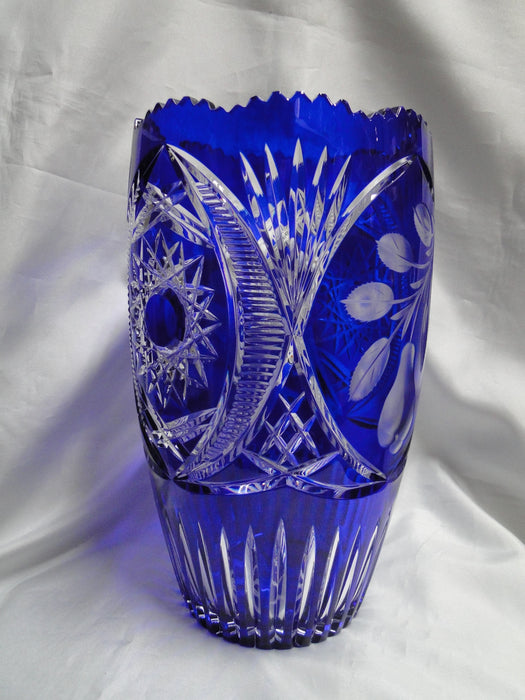 Cobalt Cut to Clear, Pears, Stars, Fans, Czech: Vase, 11 3/4" Tall --  CR#111F
