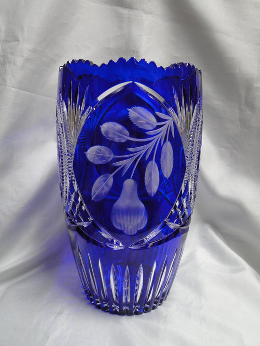 Cobalt Cut to Clear, Pears, Stars, Fans, Czech: Vase, 11 3/4" Tall --  CR#111F