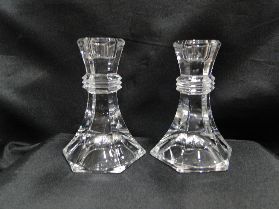 Clear, Hexagonal: Pair of Candlesticks, 4 3/4" Tall -- MG#024