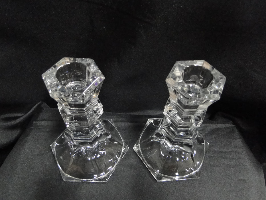 Clear, Hexagonal: Pair of Candlesticks, 4 3/4" Tall -- MG#024