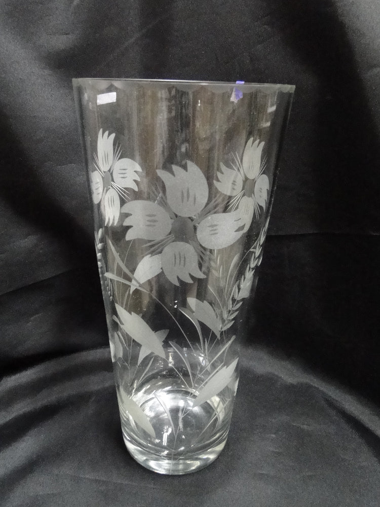 Clear, Frosted Floral: Flower Vase, 11 1/8" Tall, As Is --  MG#240