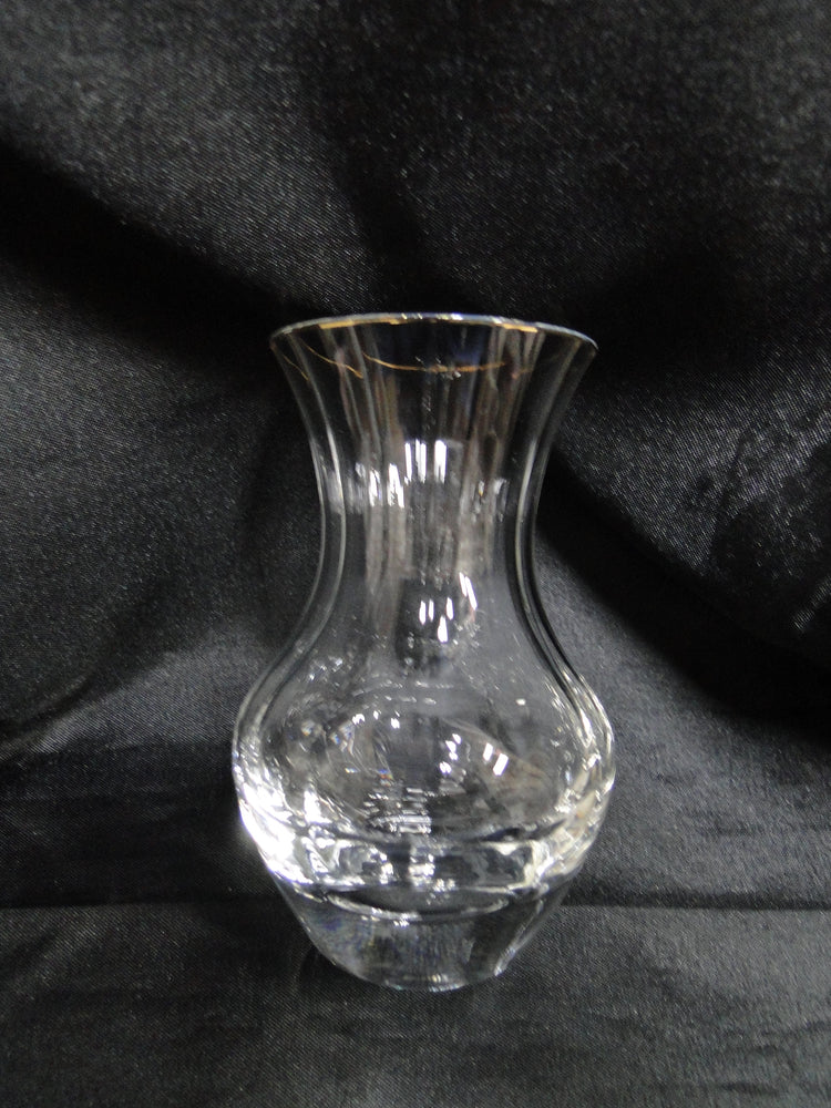 Clear w/ Ridges, Gold Trim: Vase, 4 1/4" Tall, 2 1/2" Widest Diameter -- MG#270