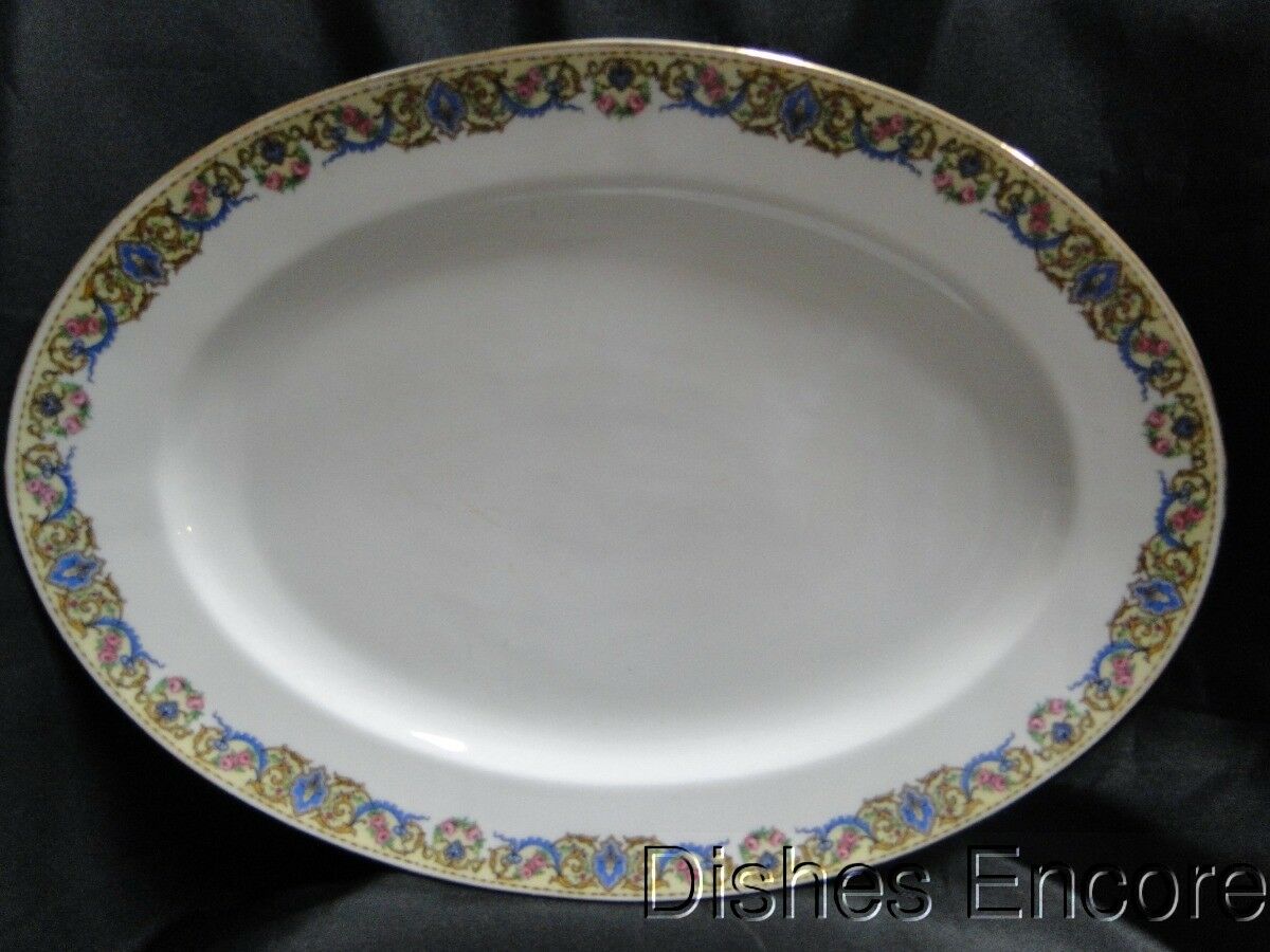 Charles Ahrenfeldt, Limoges, Roses, Gold Scrolls, Blue Ribbons: Platter, 16 3/8"
