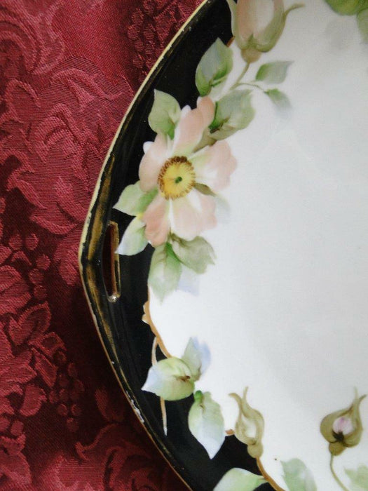 Noritake Nippon Pink / White Flowers, Black Edge: Cake Plate & 6 Plate Set