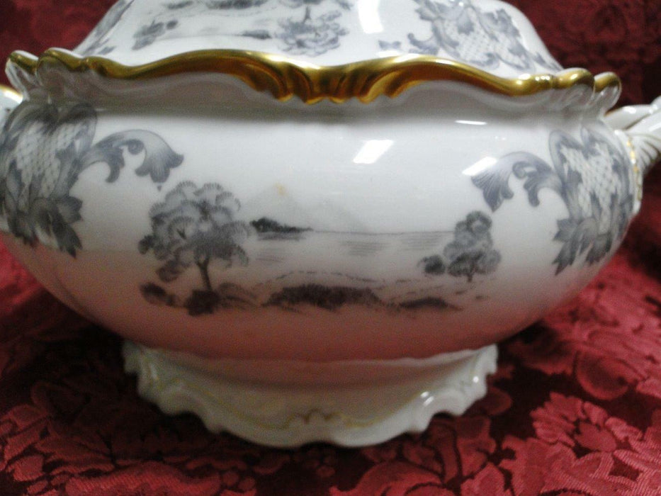 Edelstein Newcastle 30721 White w/ Gray, Gold Trim: Covered Serving Bowl, As Is