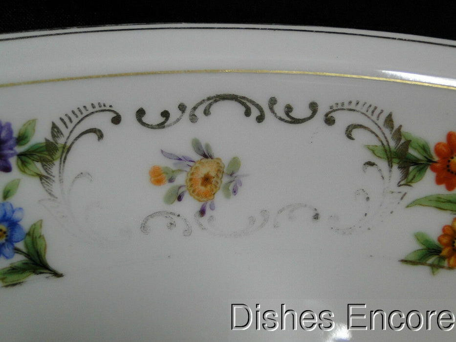Dresden Style Royal, Floral & Gold Scrolls: Oval Serving Bowl, 9 3/4", Trim Wear