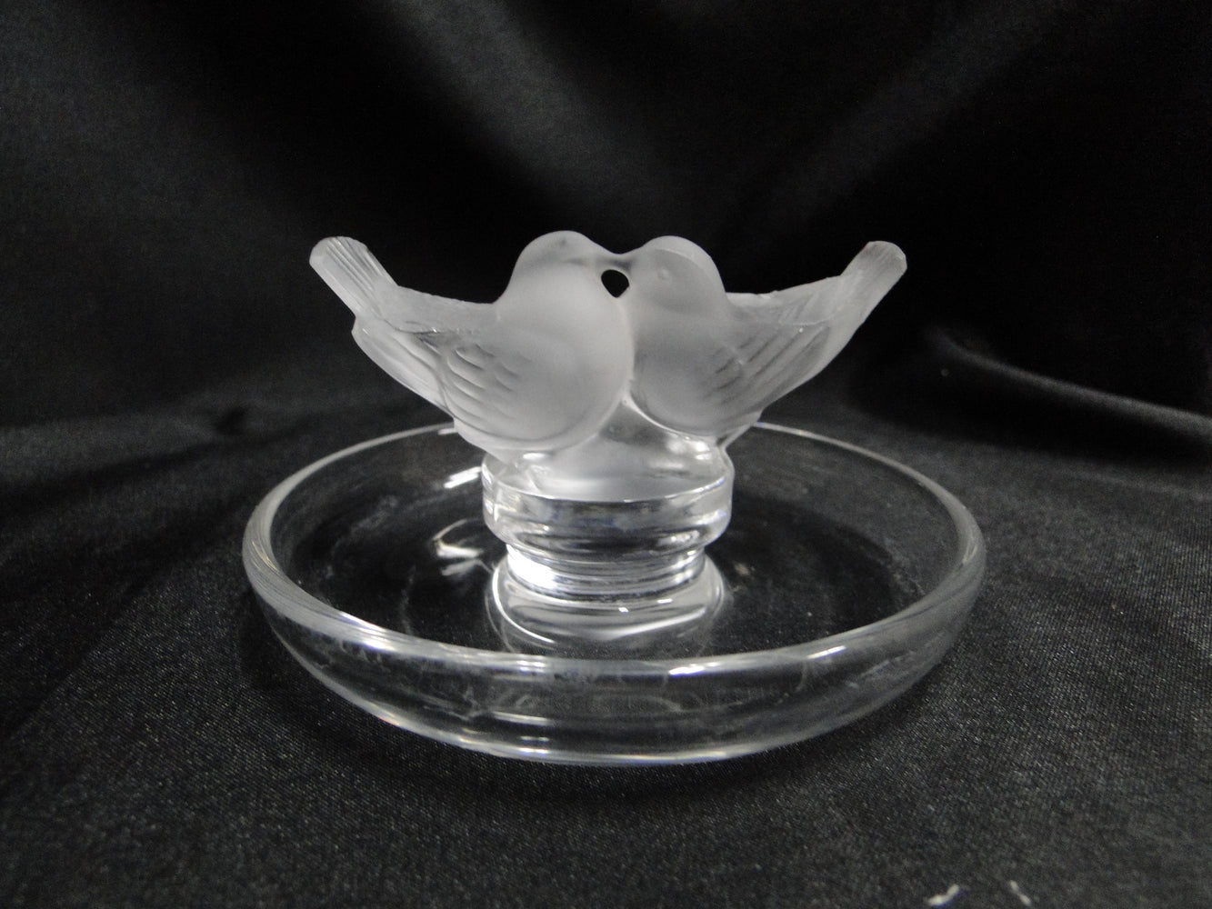 Lalique Pinson, Two Frosted Bird Figures: Round Pin / Ring Tray, 3 3/4"