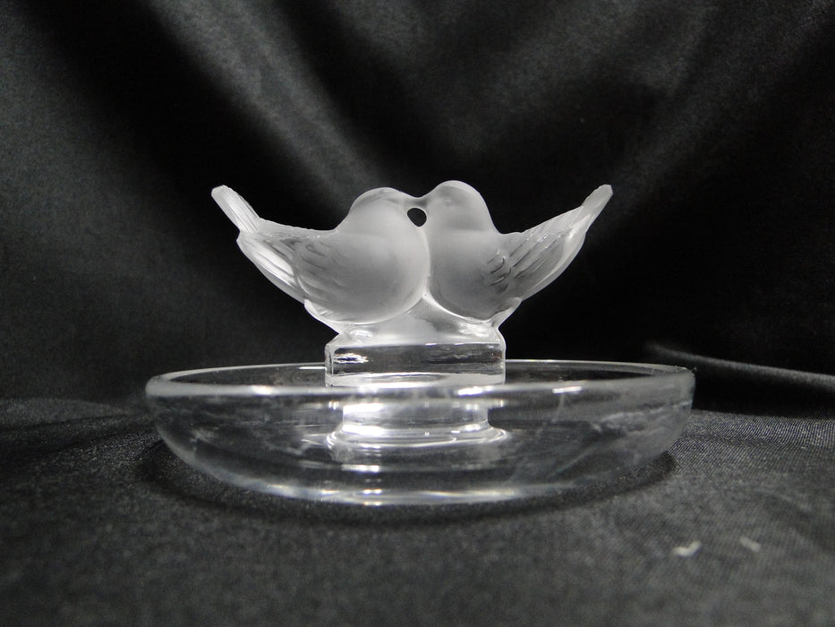 Lalique Pinson, Two Frosted Bird Figures: Round Pin / Ring Tray, 3 3/4"