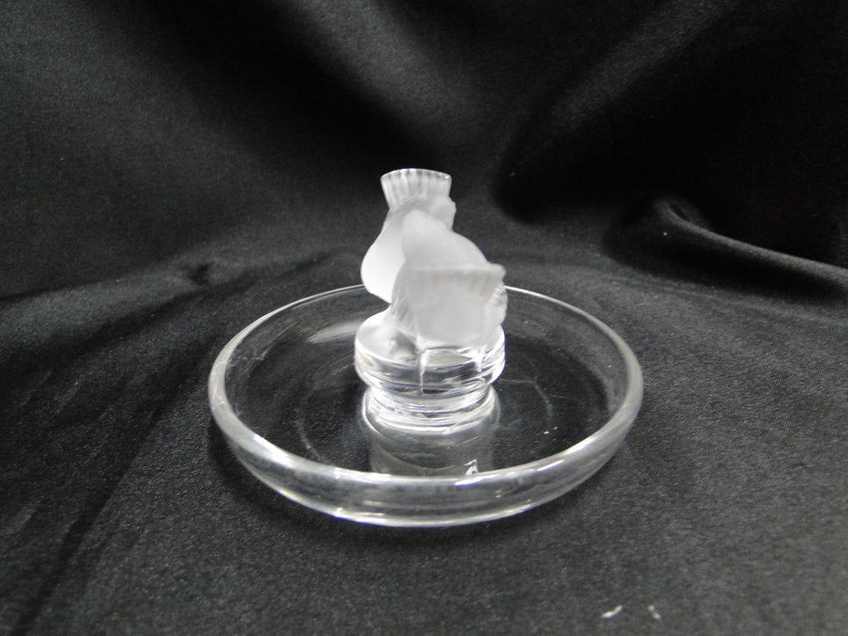 Lalique Pinson, Two Frosted Bird Figures: Round Pin / Ring Tray, 3 3/4"