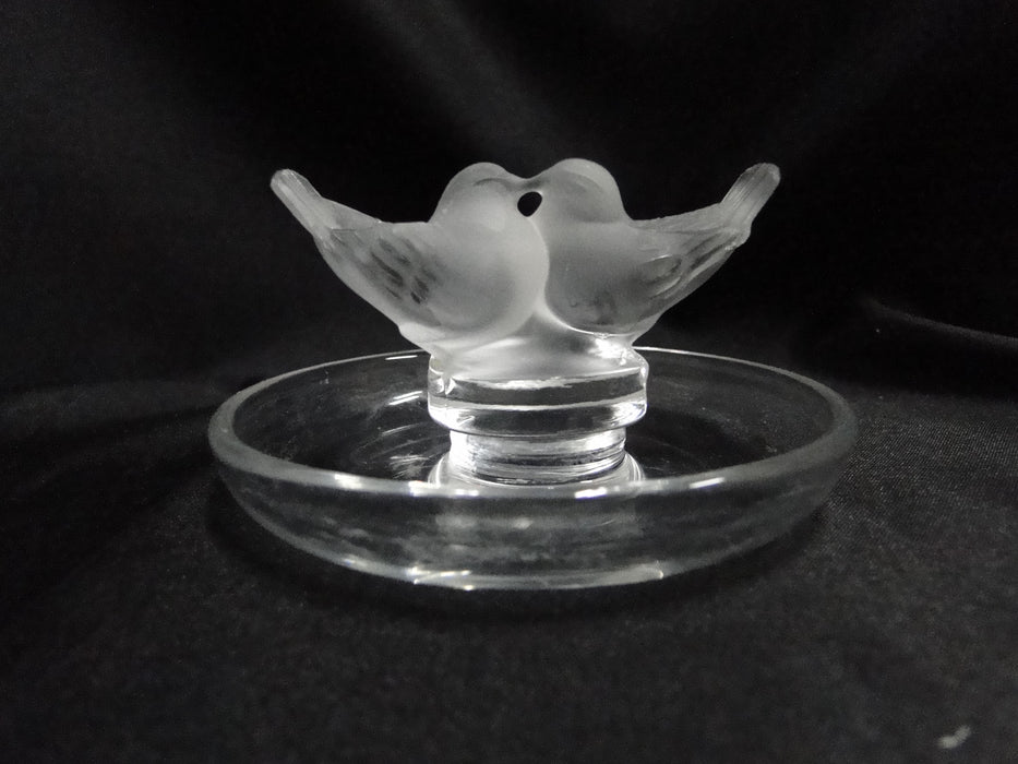 Lalique Pinson, Two Frosted Bird Figures: Round Pin / Ring Tray, 3 3/4"
