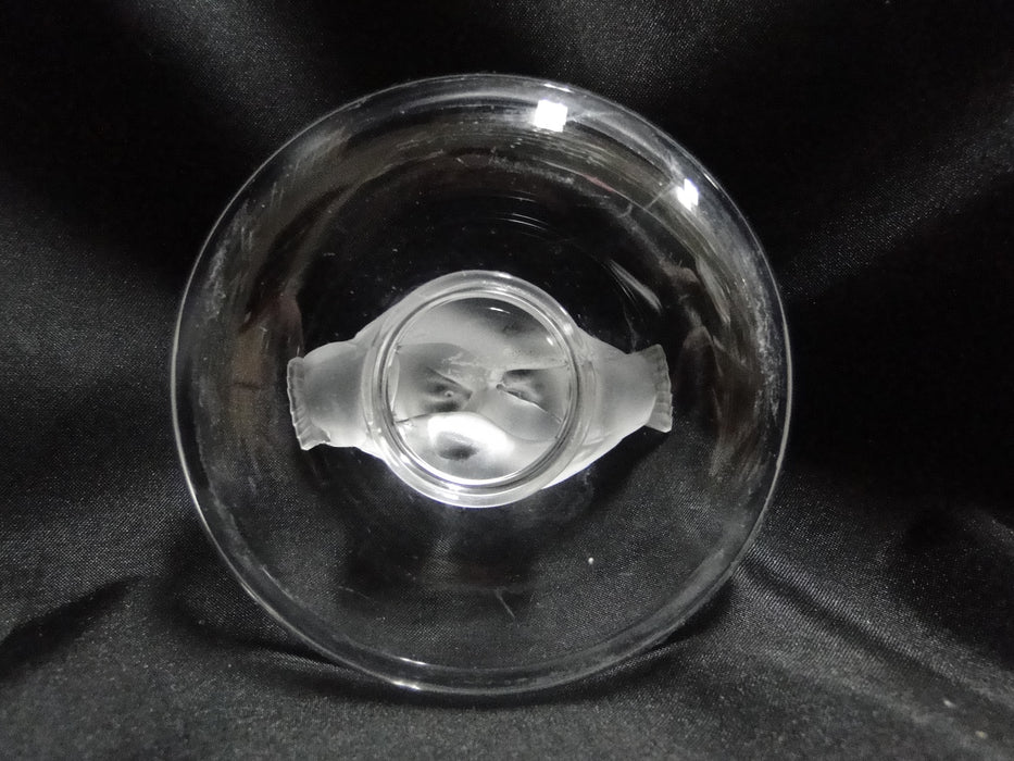Lalique Pinson, Two Frosted Bird Figures: Round Pin / Ring Tray, 3 3/4"