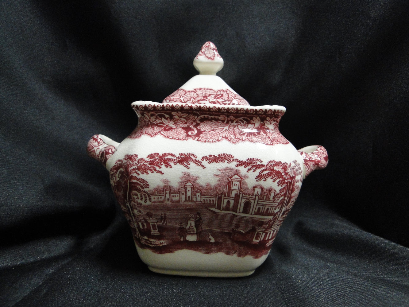 Mason's Vista Pink, Transferware: Small Square Sugar Bowl & Lid, 5", Crazing