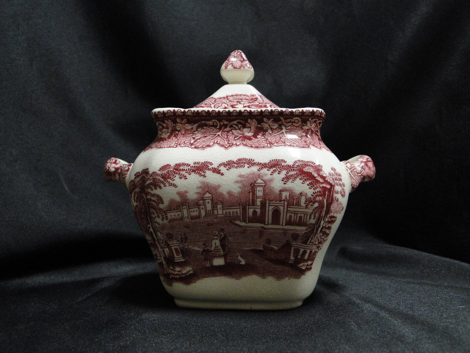 Mason's Vista Pink, Transferware: Small Square Sugar Bowl & Lid, 5", Crazing