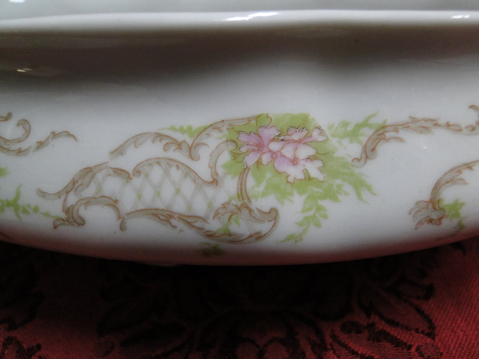 Syracuse 53203, Pink Flowers, Tan Lattice: Oval Covered Serving Bowl, 8 3/4"