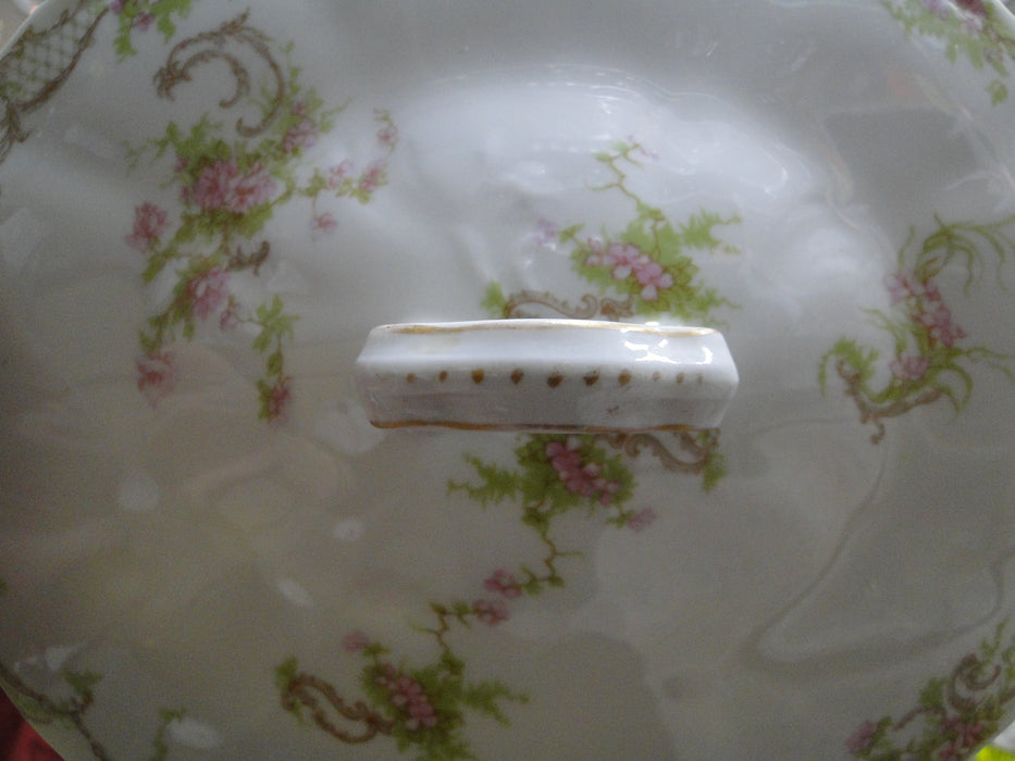 Syracuse 53203, Pink Flowers, Tan Lattice: Oval Covered Serving Bowl, 8 3/4"
