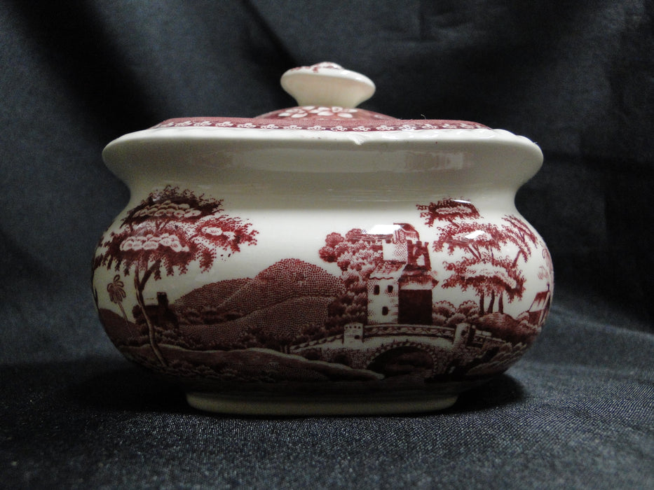 Spode Pink Tower, Pink Floral w/ Scene: Sugar Bowl & Lid, 3 5/8", As Is