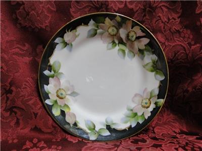 Noritake Nippon Pink / White Flowers, Black Edge: Cake Plate & 6 Plate Set