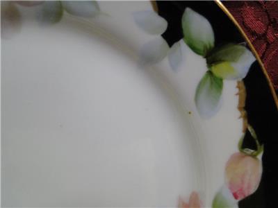 Noritake Nippon Pink / White Flowers, Black Edge: Cake Plate & 6 Plate Set