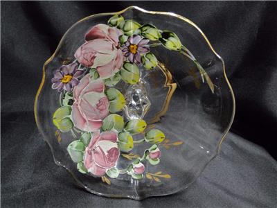 Handpainted Pressed Glass Floral, Gold Trim: Compote, 5 1/2" Tall - MG#241