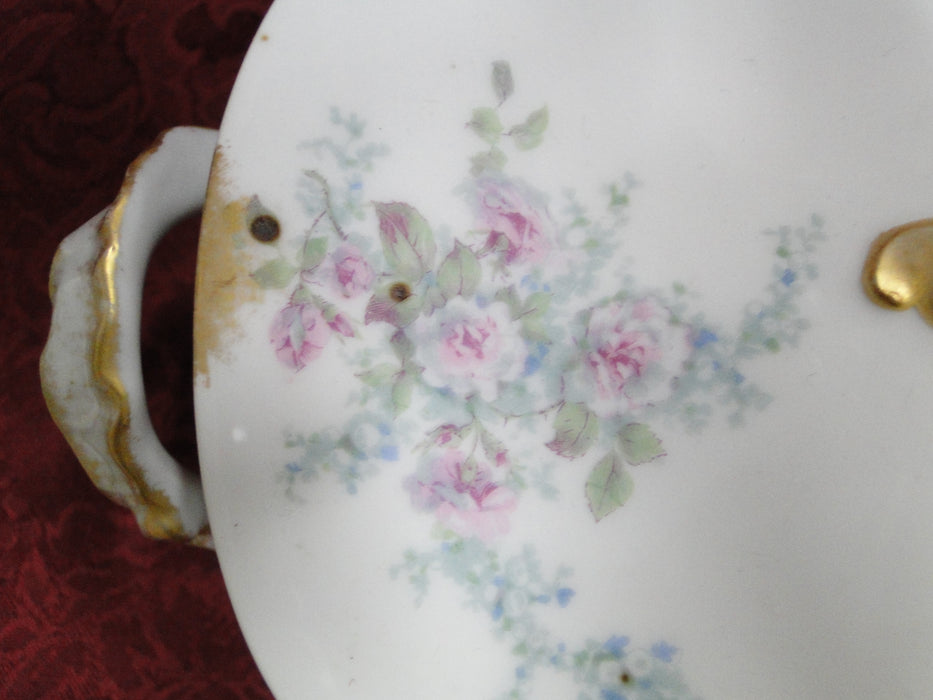 Wm Guerin, Limoges, Pink Roses, Blue, Green: Round Serving Bowl & Lid