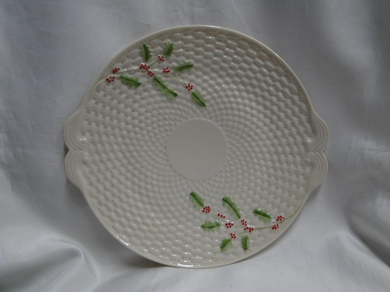 Belleek Enchanted Holly, Ireland, Basketweave: Cake Plate w/ Handles, 10 3/4"