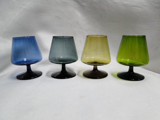 Set of Four Cordial Glasses, 3 1/8" Tall, Blue, Grey, Amber, Green  --  MG#257