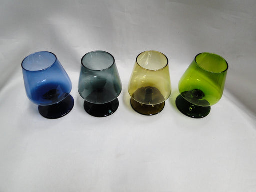 Set of Four Cordial Glasses, 3 1/8" Tall, Blue, Grey, Amber, Green  --  MG#257