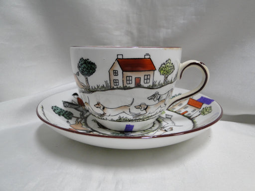 Crown Staffordshire Hunting Scene: Hunters, Horses: Flat Cup & Saucer, As Is