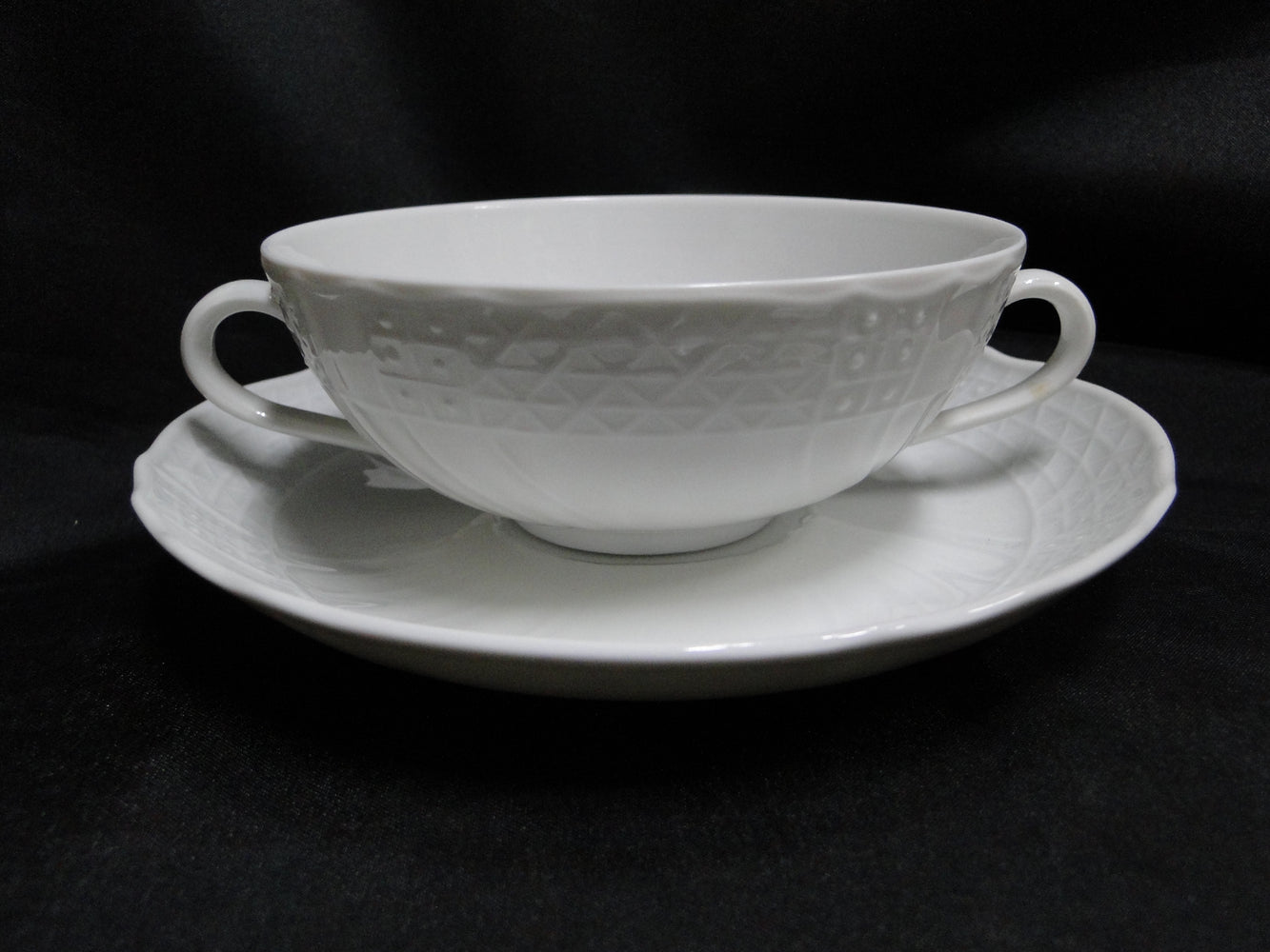 Hutschenreuther Dresden, White, Embossed: Cream Soup Bowl & Saucer (s)
