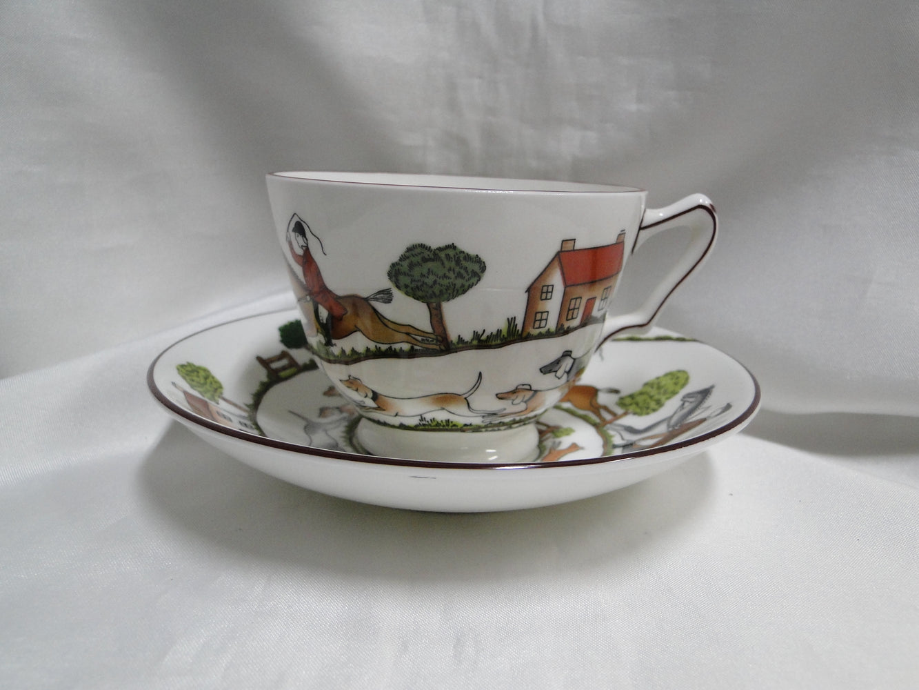 Crown Staffordshire Hunting Scene: Hunters, Horses: Footed Cup & Saucer, Scratch