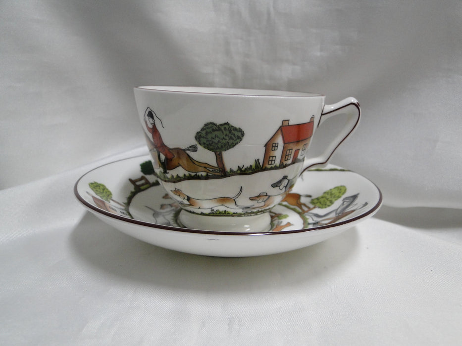 Crown Staffordshire Hunting Scene: Hunters, Horses: Footed Cup & Saucer, Scratch