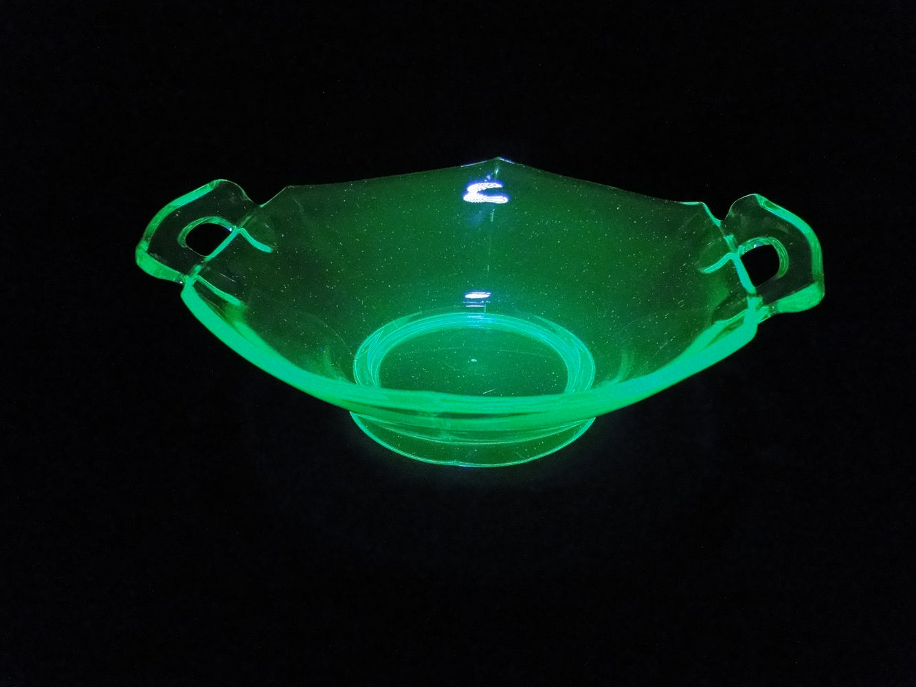 Vaseline Glass, Green: Hexagonal Bowl w/ Handles, 7 3/8" x 2 1/2", MG#261