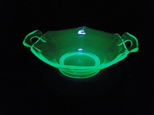 Vaseline Glass, Green: Hexagonal Bowl w/ Handles, 7 3/8" x 2 1/2", MG#261