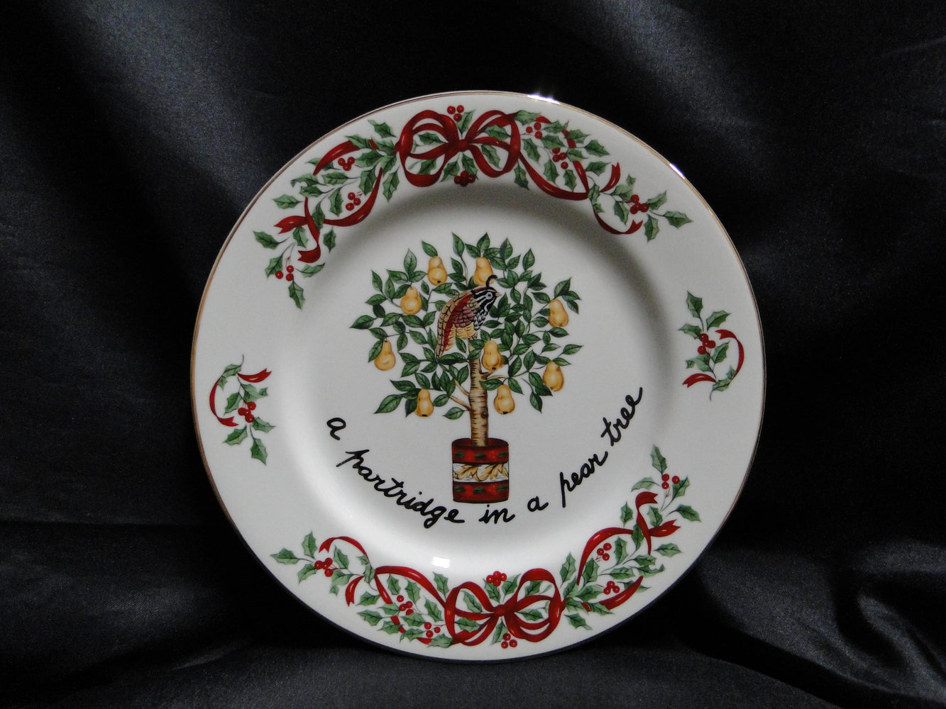 Centurion Ribbon Holly, Red Ribbon: "1 Partridge" Salad Plate, 7 1/2"