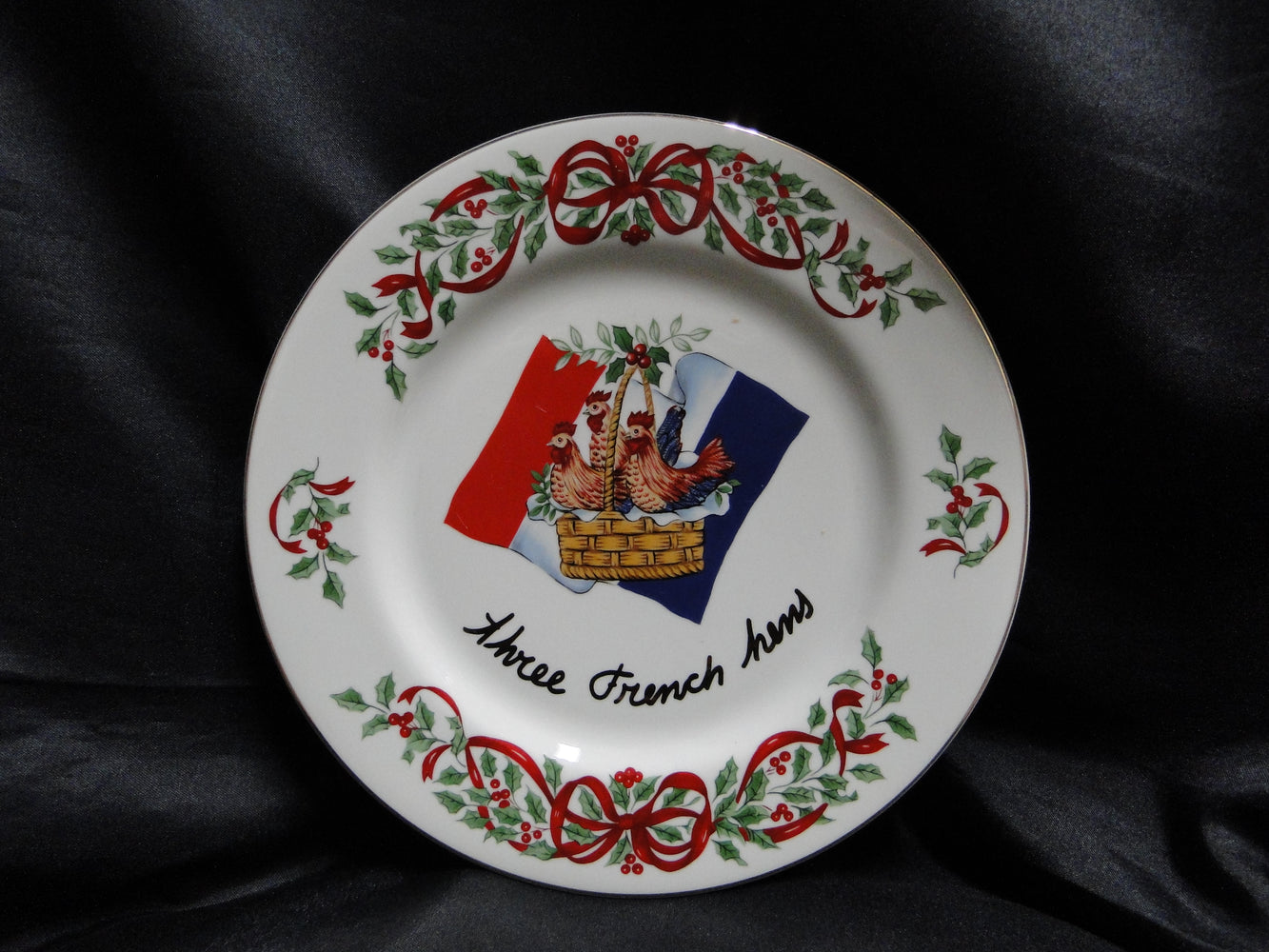 Centurion Ribbon Holly, Red Ribbon: "3 French Hens" Salad Plate, 7 1/2"
