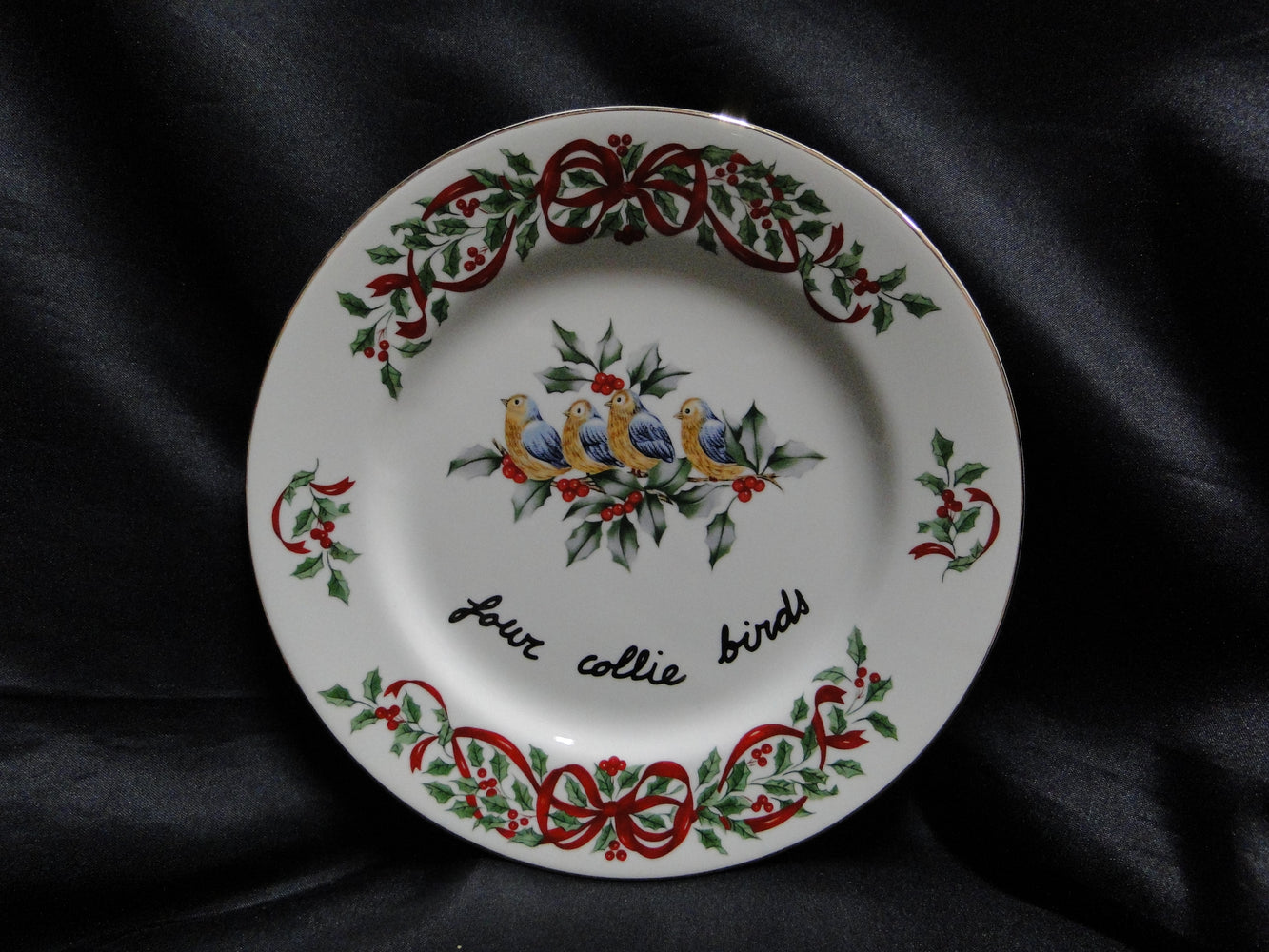 Centurion Ribbon Holly, Red Ribbon: "4 Calling Birds" Salad Plate, 7 1/2"