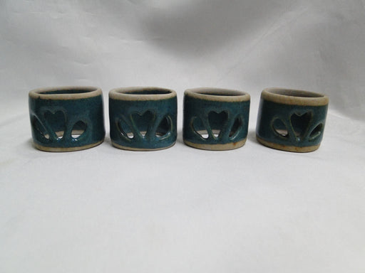 Walt Glass Pottery Teal: Set of Four Napkin Rings, Pierced, All Over Teal